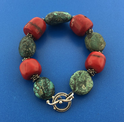 Sterling Silver 925 Chunky Coral Turquoise Bead Toggle Bracelet