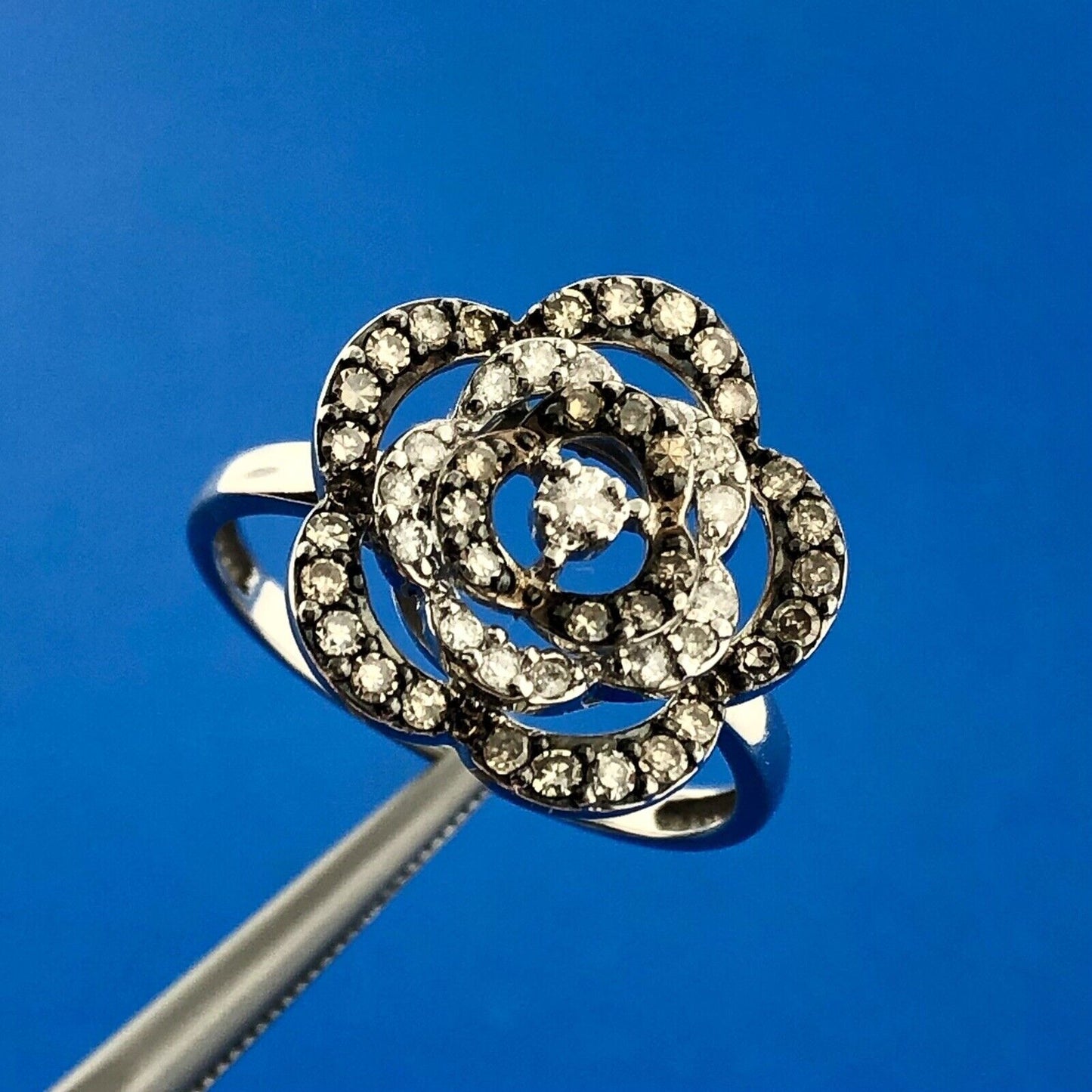 Gorgeous Mexican 14k White Gold White Champagne Diamond Open Flower Ring Size 8
