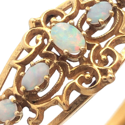 Art Deco 14K Yellow Gold Ornate Opal Scroll Decorative Scroll Bangle Bracelet
