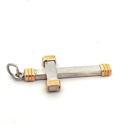 925 Sterling Silver 14K Yellow Gold Modernist Religious Cross Pendant