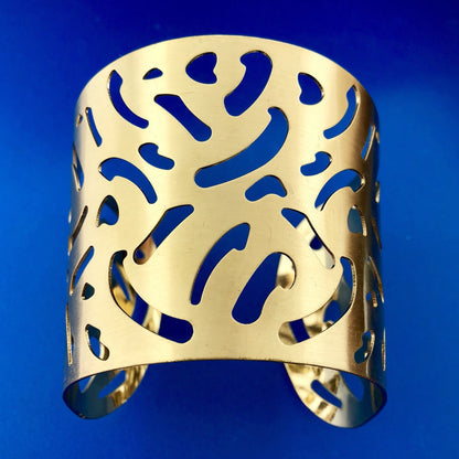 Modernist Gold Tone Brushed Finish Animal Print Cutout Statement Cuff Bracelet