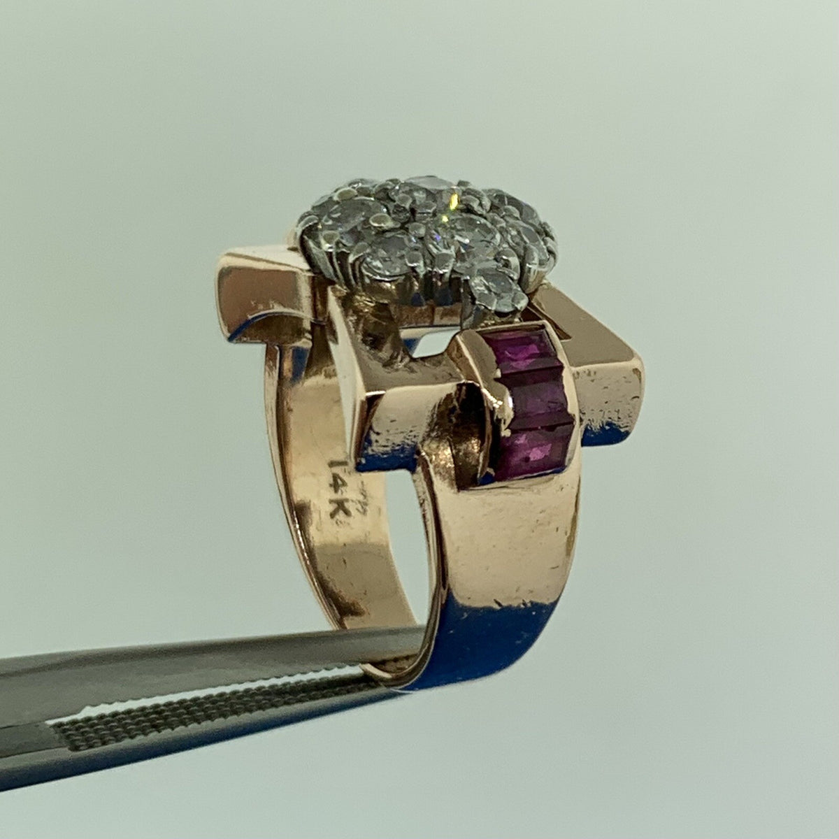 Unusual 14K Rose Gold Diamond Floral Cluster Ruby Baguette Accent Cocktail Ring