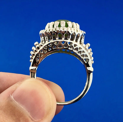 Retro 925 Sterling Silver Jade Jadeite Diamond Empire Statement Cocktail Ring