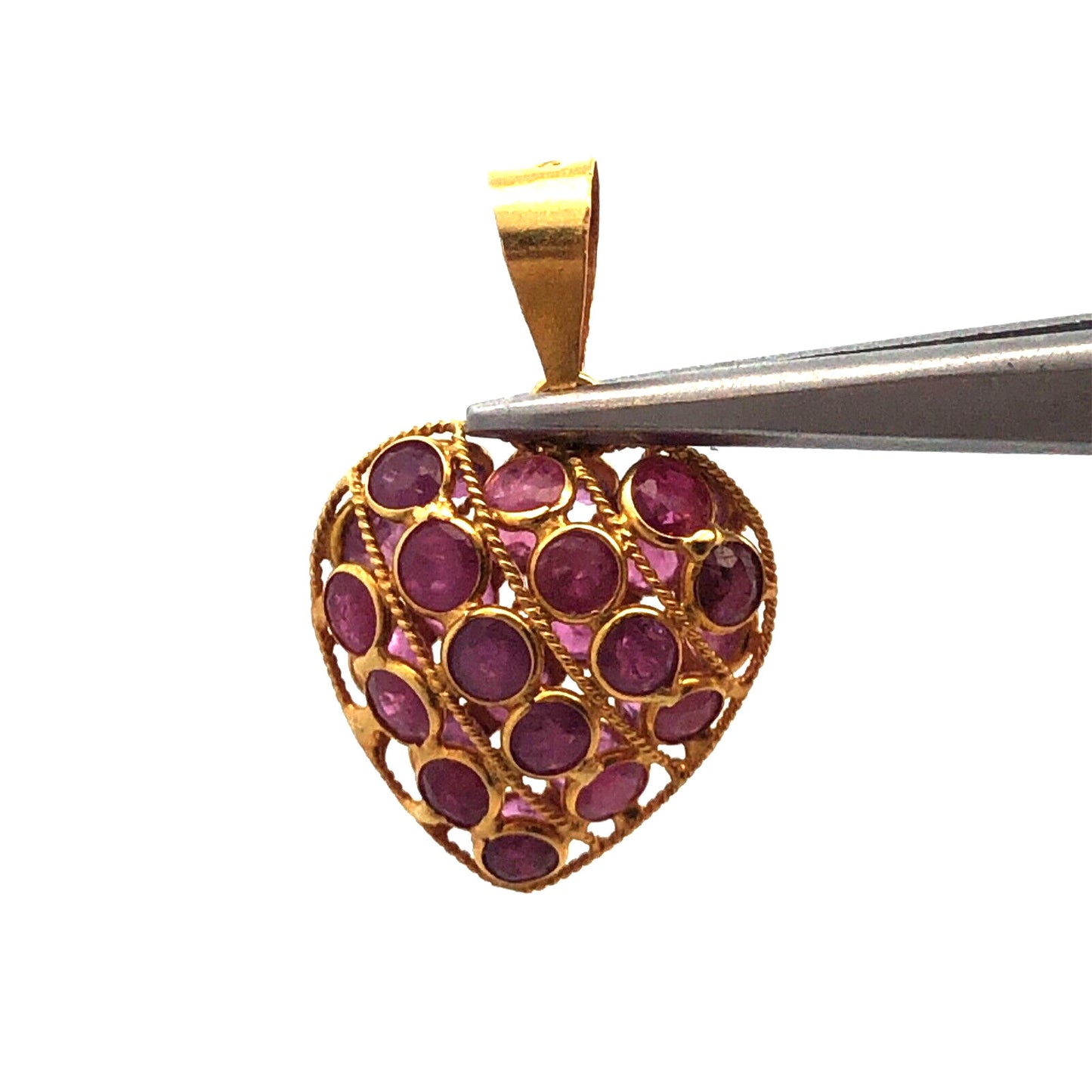 Designer 18K Yellow Gold Round Ruby July Anniversary Heart Love Pendant