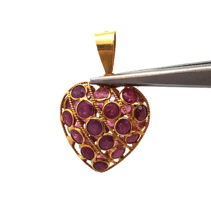 Designer 18K Yellow Gold Round Ruby July Anniversary Heart Love Pendant