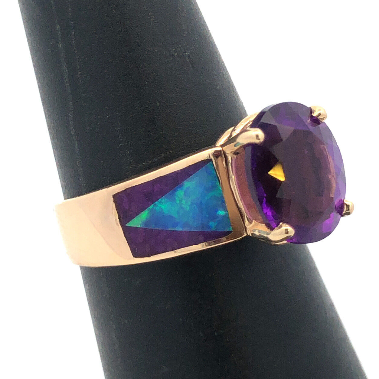 Vintage 14K Yellow Gold Oval Amethyst Opal Inlay Purple Enamel Cocktail Ring