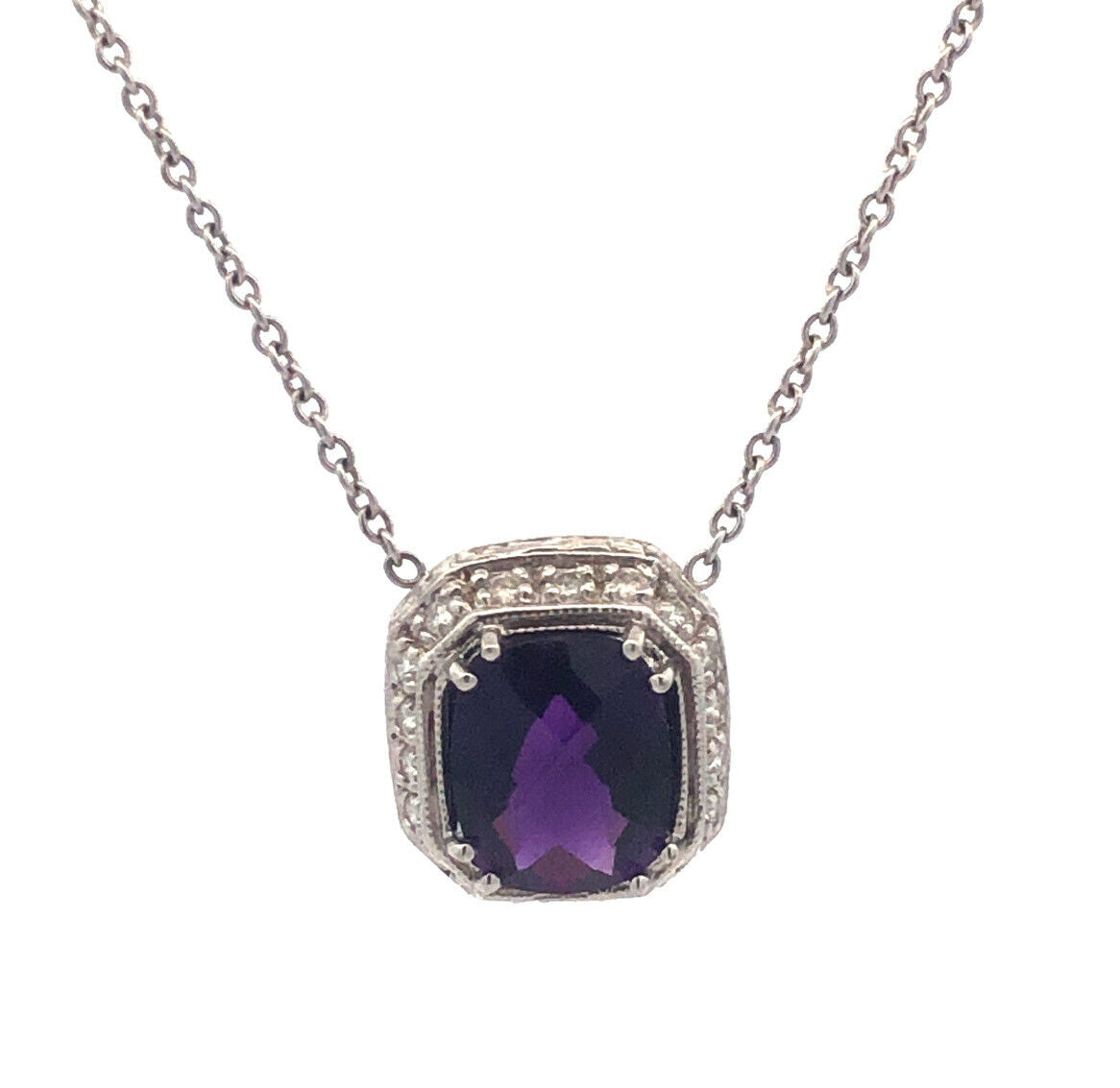 18k White Gold Faceted Purple Amethyst Diamond Accent 16.5" Chain Necklace