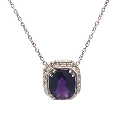 18k White Gold Faceted Purple Amethyst Diamond Accent 16.5" Chain Necklace