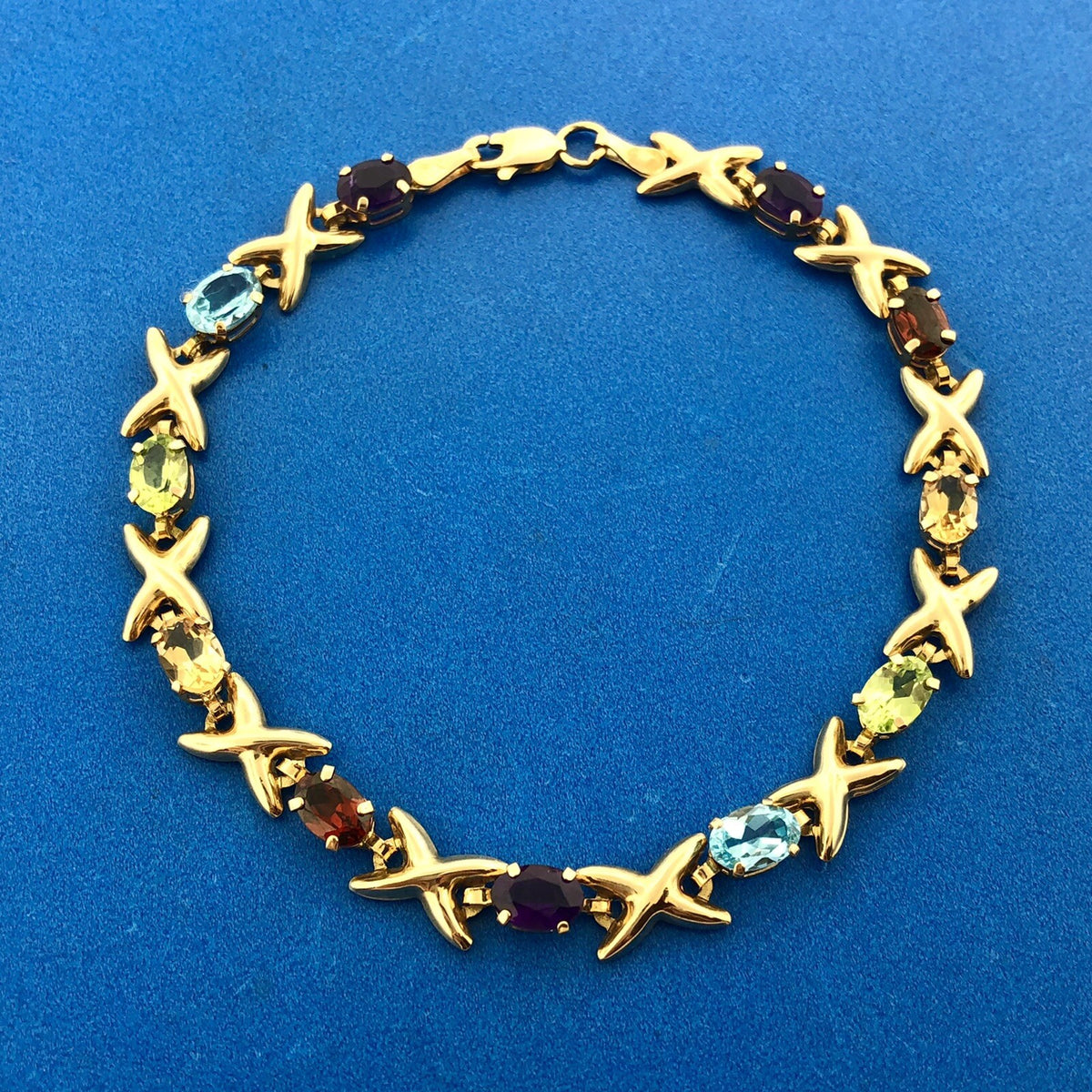 Fabulous Designer 10K Yellow Gold Colorful Multi Gemstone X & O Tennis Bracelet