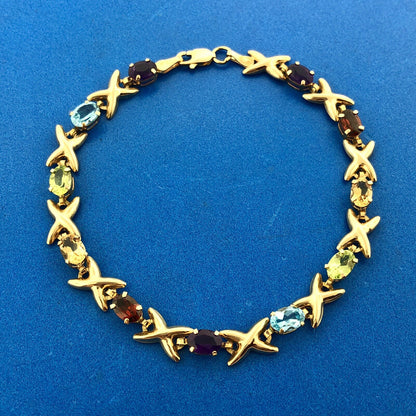Fabulous Designer 10K Yellow Gold Colorful Multi Gemstone X & O Tennis Bracelet