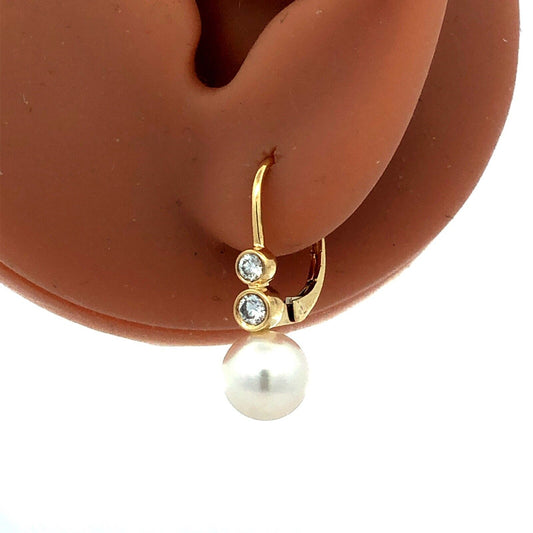 Designer 18K Yellow Gold Round White Pearl Diamond Leverback Hook Earrings