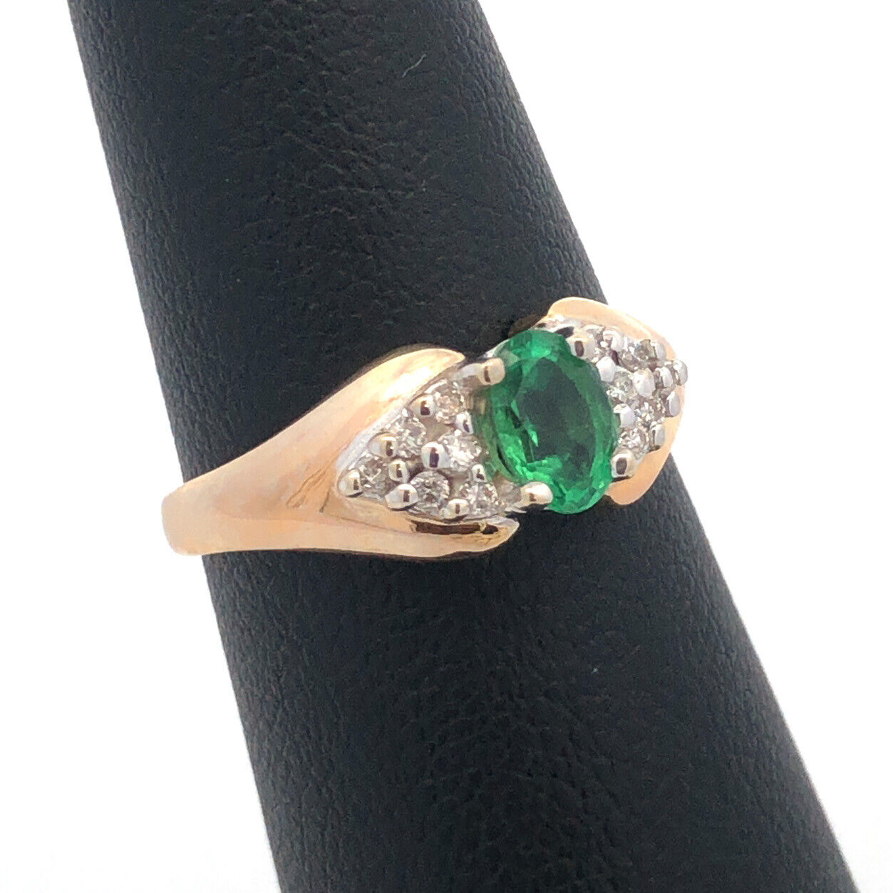 10K Yellow Gold Oval Emerald Solitaire Diamond Accented Cocktail Ring