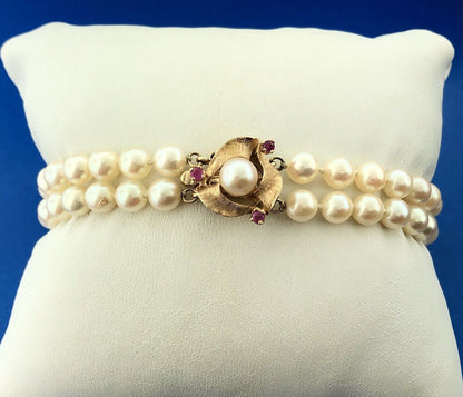 Vintage Elegant 14K Yellow Gold Ruby Pearl Double Strand Bridal Pearl Bracelet
