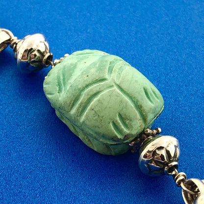 Vintage 925 Sterling Silver Carved Stone Scarab Beetle Oval Link Toggle Bracelet