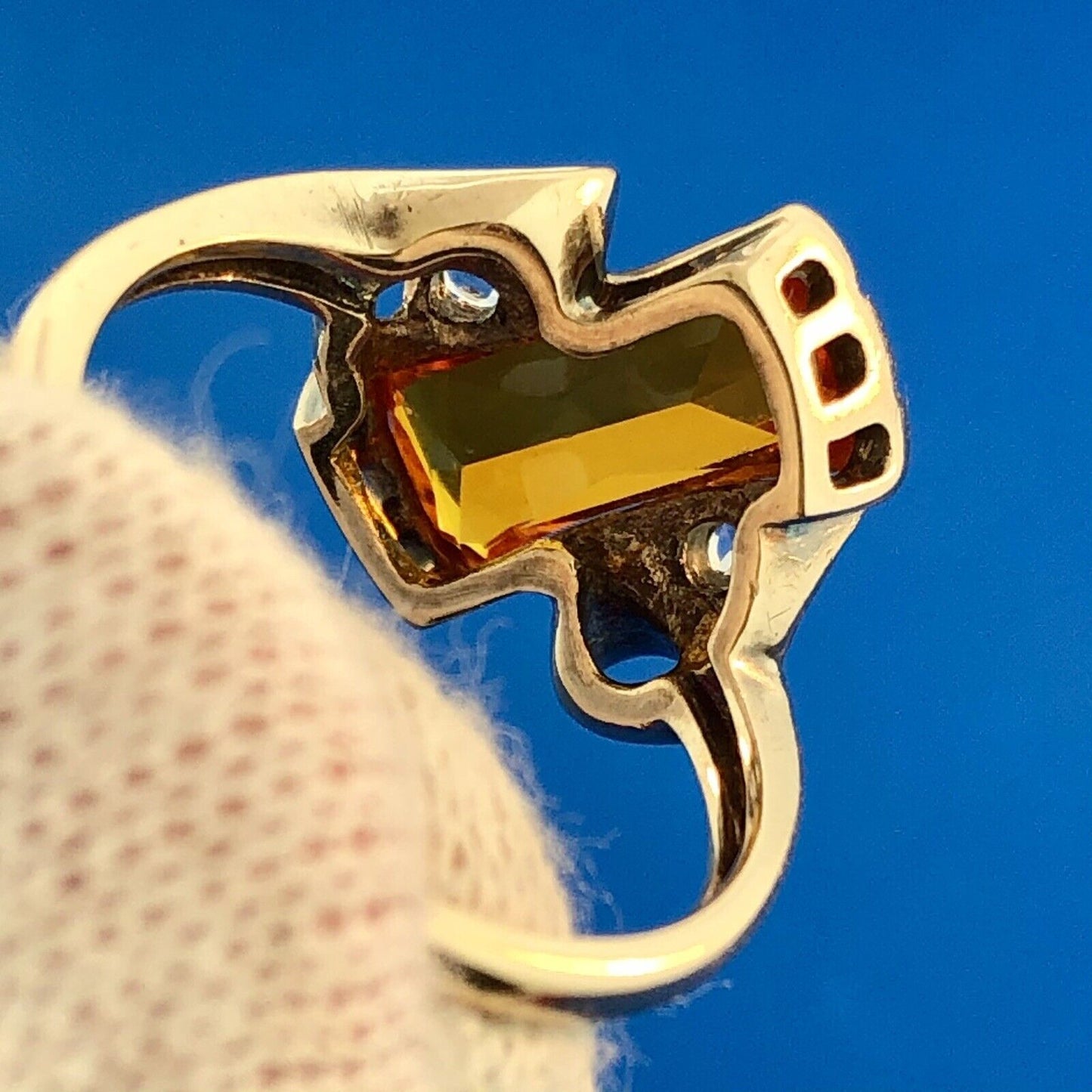 Art Deco Art Nouveau 10K Yellow Gold Citrine Diamond Free Form Bypass Ring