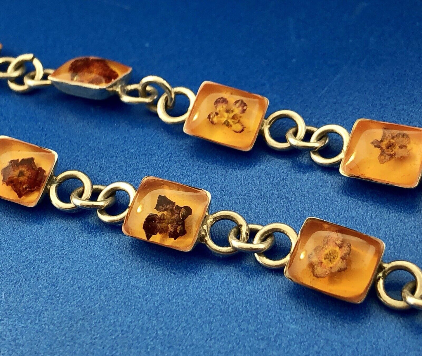 Vintage MWS Taxco Sterling Silver 925 Amber Encased Flower Bud Panel Bracelet