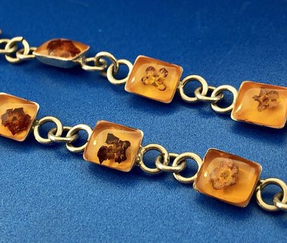 Vintage MWS Taxco Sterling Silver 925 Amber Encased Flower Bud Panel Bracelet