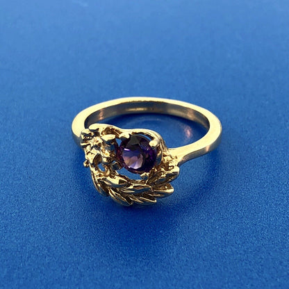 Art Deco 14K Yellow Gold Amethyst Floral Leaf Grecian February Anniversary Ring