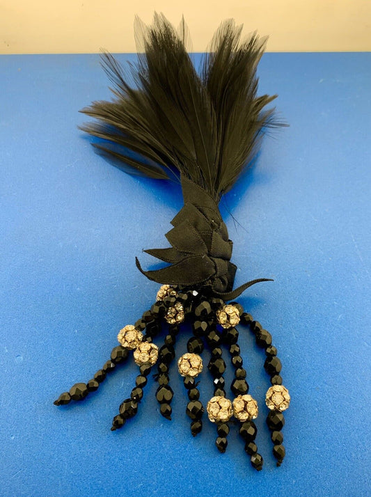 Vintage Runway Couture Black Feather Ribbon Rhinestone Jet Bead Flashy Brooch