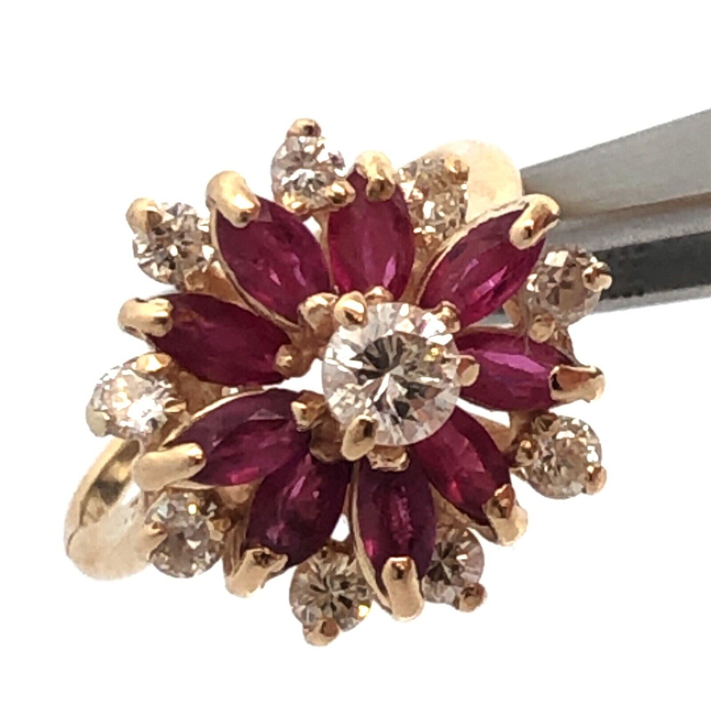 Vintage 14K Yellow Gold Round Diamond Marquise Lab Created Ruby Cocktail Ring