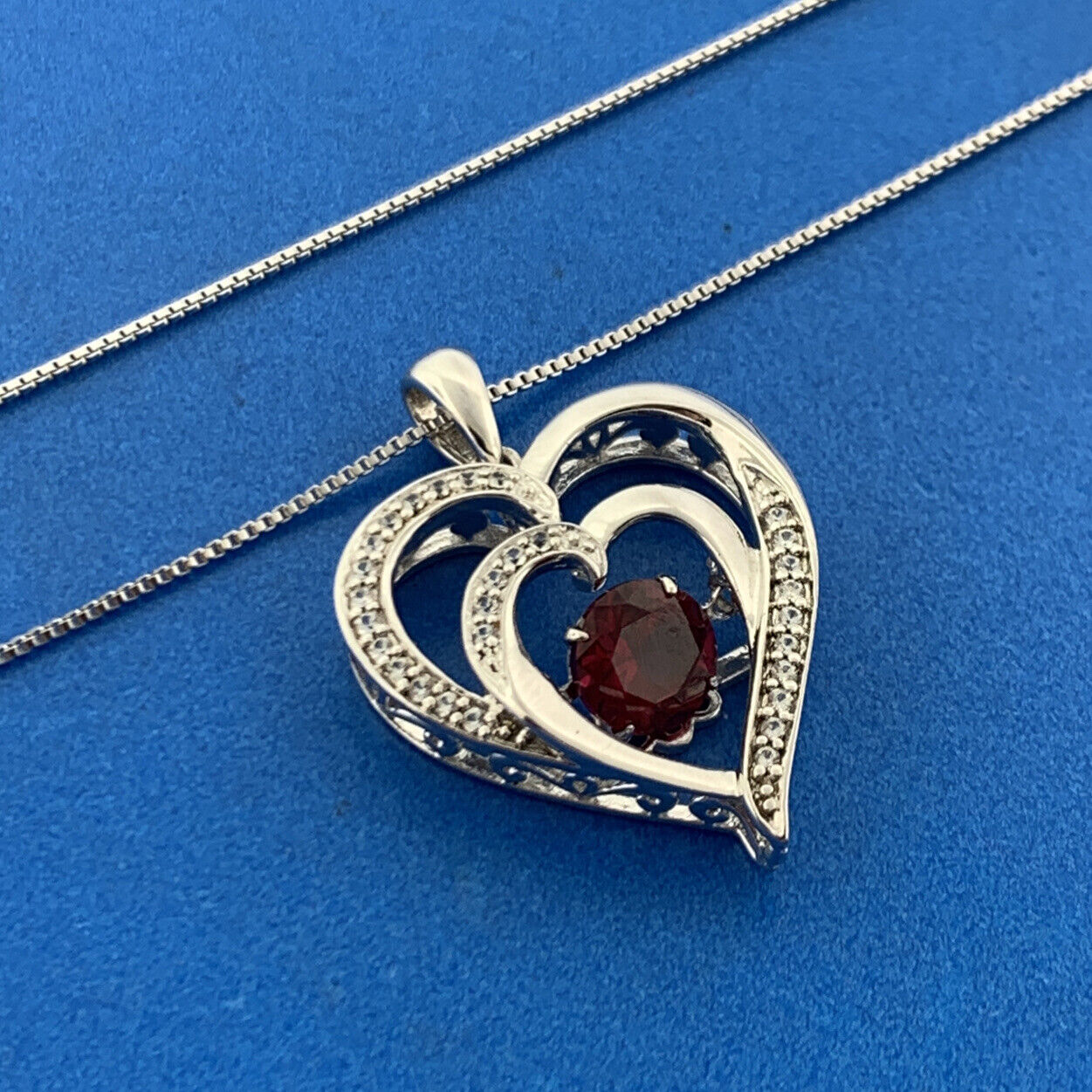 Designer Sterling Silver Red Spinel Diamond Accent Double Heart Pendant Necklace