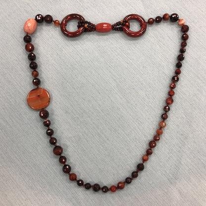 Vintage Designer Hand Knotted Carnelian Obsidian Agate Beaded Statement Necklace
