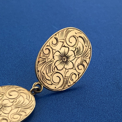 Vintage 10k Yellow Gold Double Oval Etched Floral Drop Dangle Stud Earrings