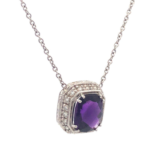 18k White Gold Faceted Purple Amethyst Diamond Accent 16.5" Chain Necklace