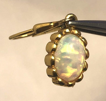 Estate 925 Sterling Silver Vermeil Oval Opal Cabochon Dangle Drop Earrings