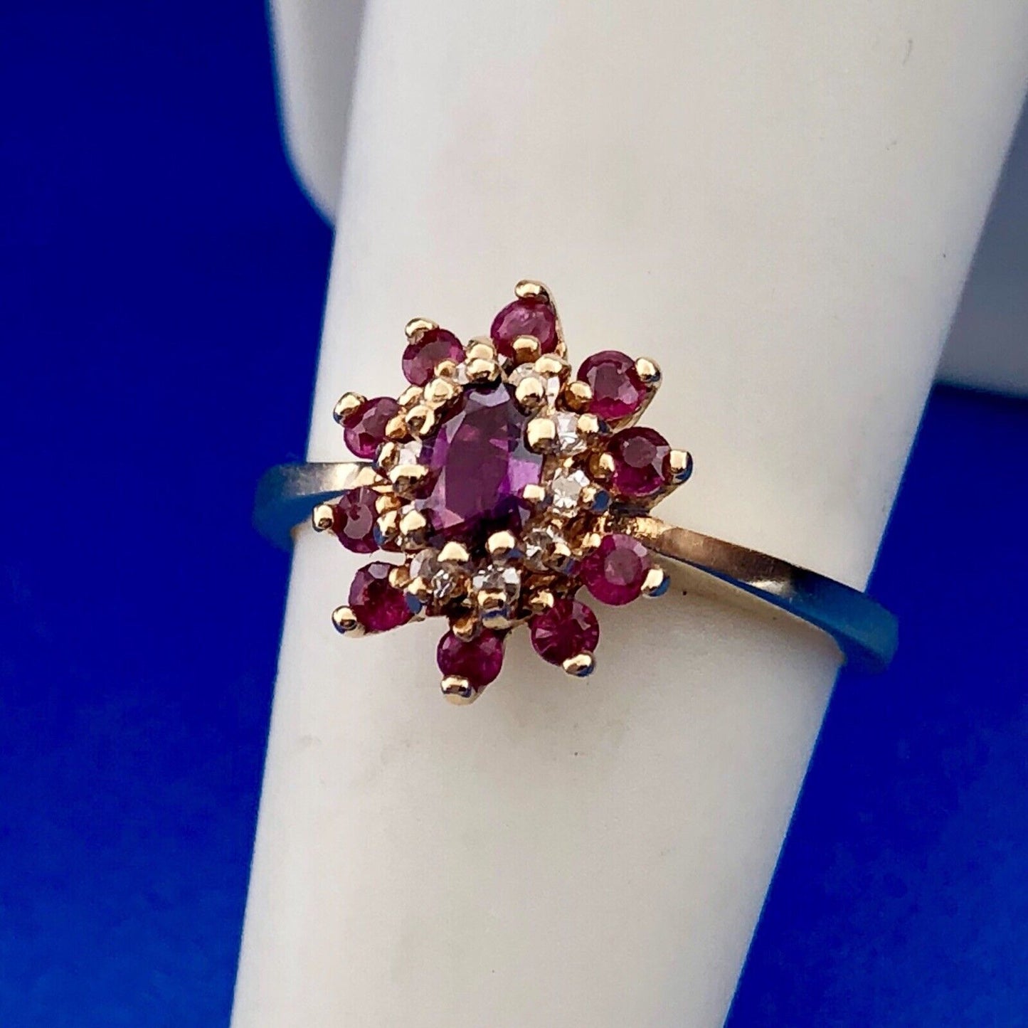 Designer 14K Yellow Gold Ruby Diamond 3 Tier Cluster Engagement Cocktail Ring