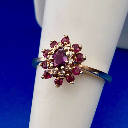 Designer 14K Yellow Gold Ruby Diamond 3 Tier Cluster Engagement Cocktail Ring