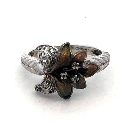 Designer CC 925 Sterling Silver Round White Topaz Lily Orchid Flower Ring
