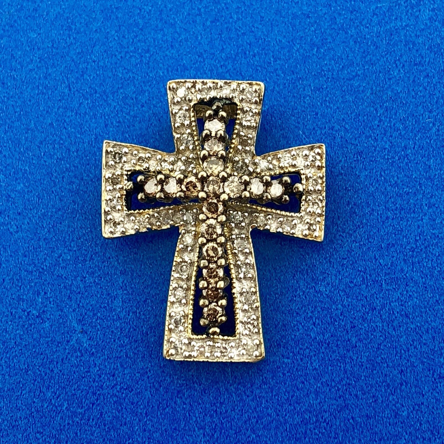 Designer 14K Yellow Gold White Honey Diamond Statement Cross Pendant