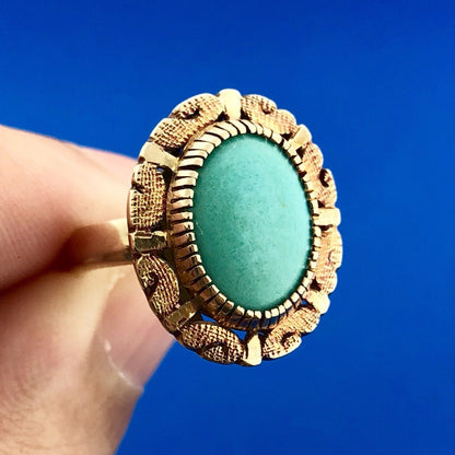 Retro 10K Yellow Rose Gold Oval Robins Egg Turquoise Statement Cocktail Ring