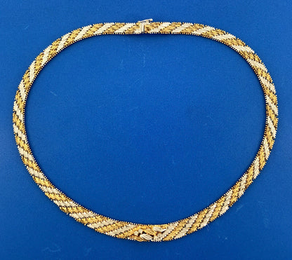 Sterling Silver 925 Diamond Two Tone Textured Weave Link V Necklace