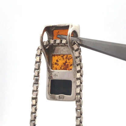 925 Sterling Silver Amber Trio Rectangle Statement Pendant Necklace