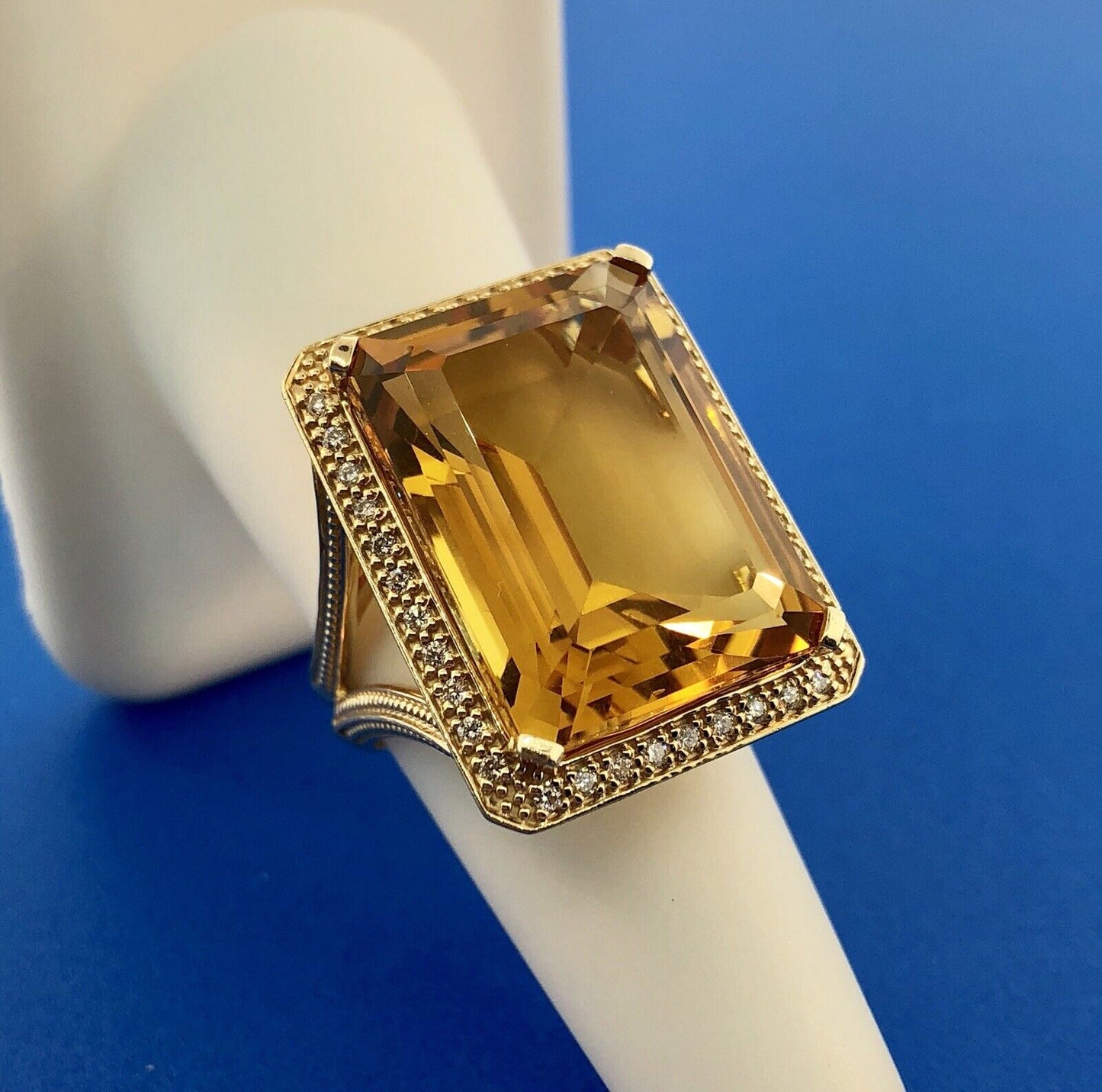 Dramatic 14K Yellow Gold Citrine Diamond Halo November Anniversary Dinner Ring