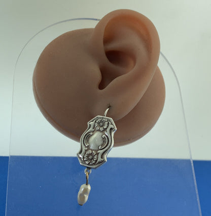 Vintage Pearl Dangle 925 Sterling Silver Floral Panel Hook Lever-back Earrings