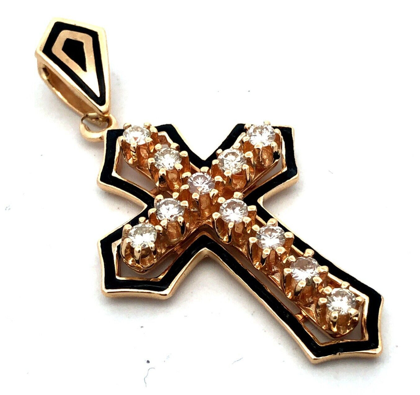 Estate 14K Yellow Gold Round Diamond Black Enamel Statement Cross Pendant