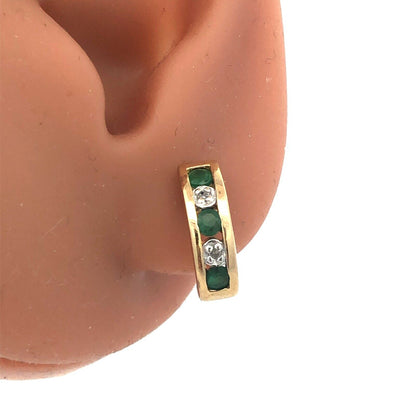 Elegant 14K Yellow Gold Emerald Diamond Channel Set Anniversary Huggie Earrings