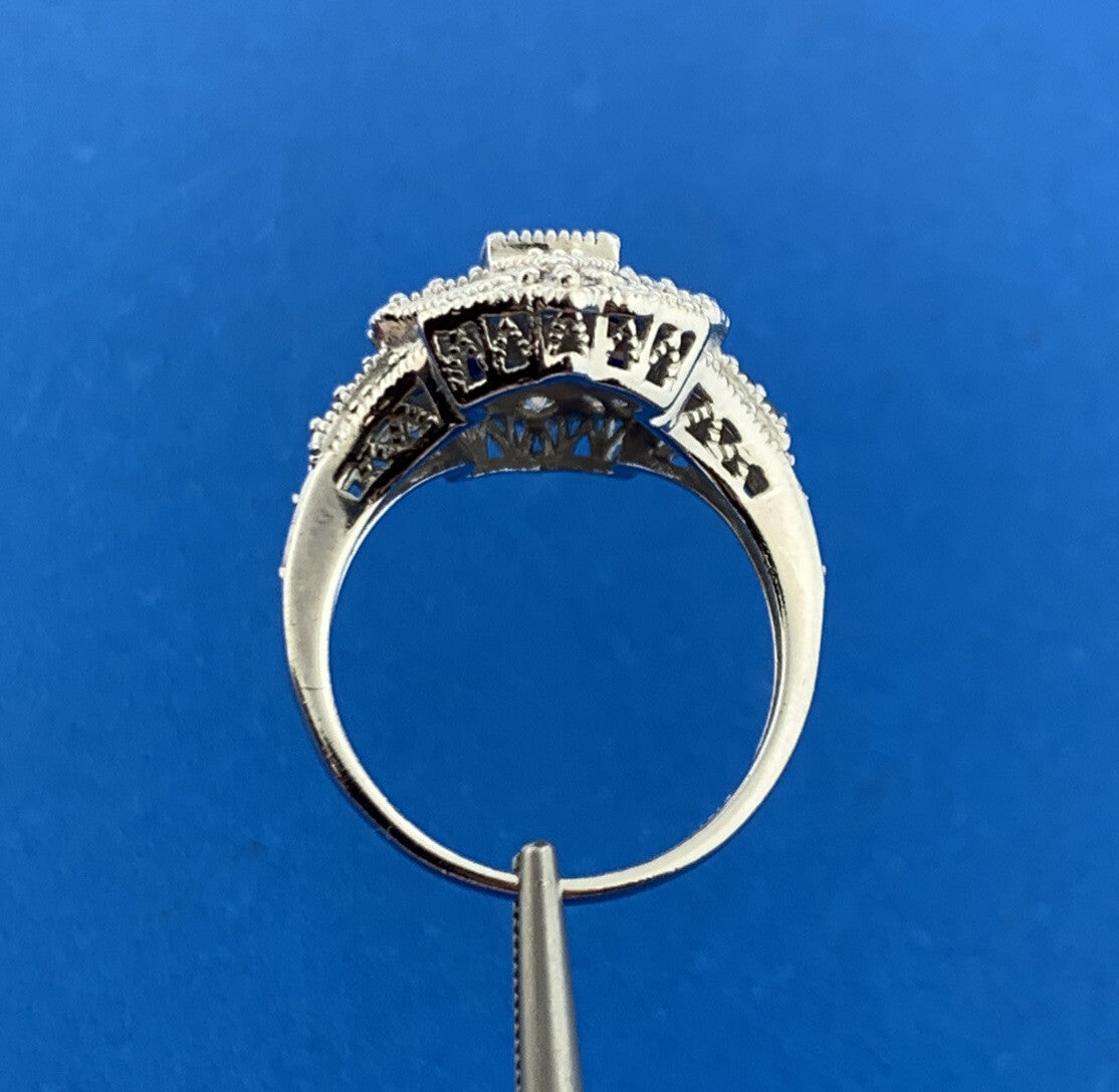 Designer 925 Sterling Silver White Topaz Blue Sapphire Art Deco Style Ring