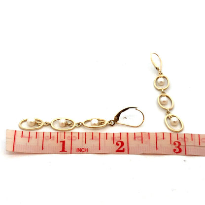 Designer 10K Yellow Gold Round White Pearl Oval Dangle Leverback Earrings