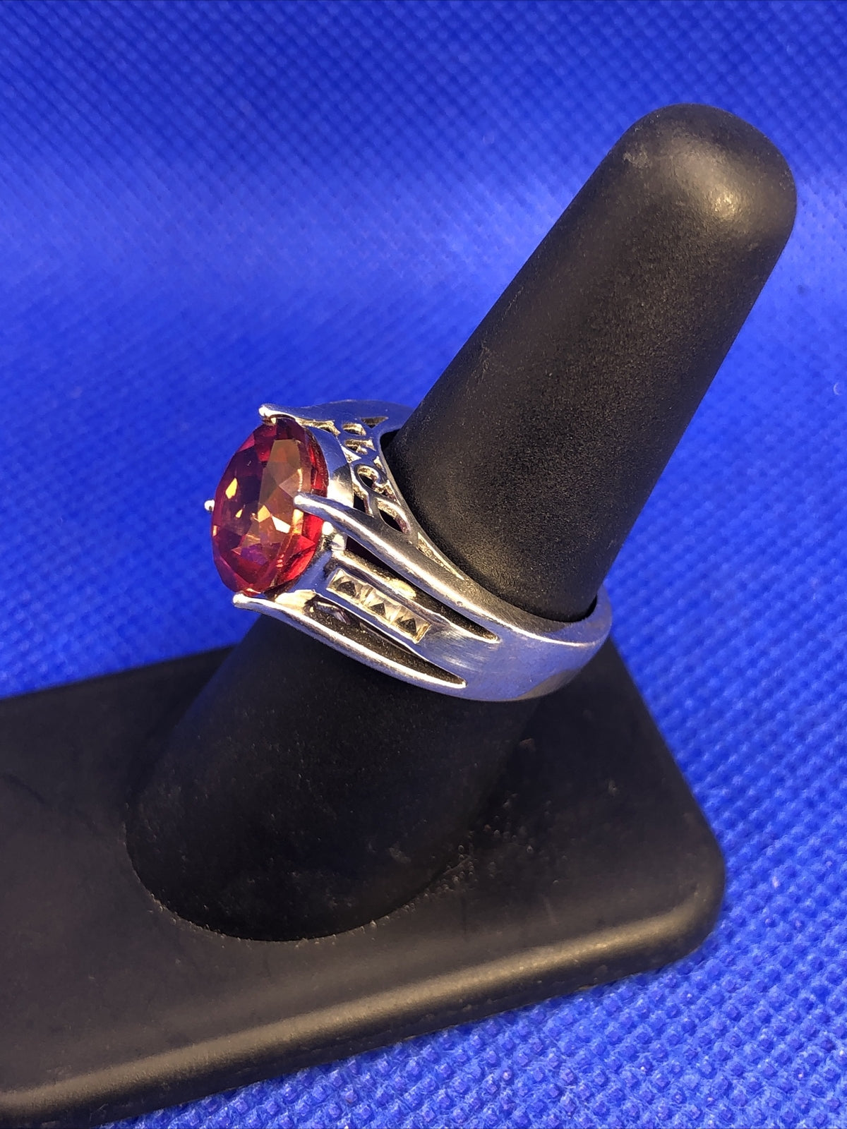 Designer BBJ 925 Sterling Silver Ruby Solitaire White Topaz Accent Cocktail Ring