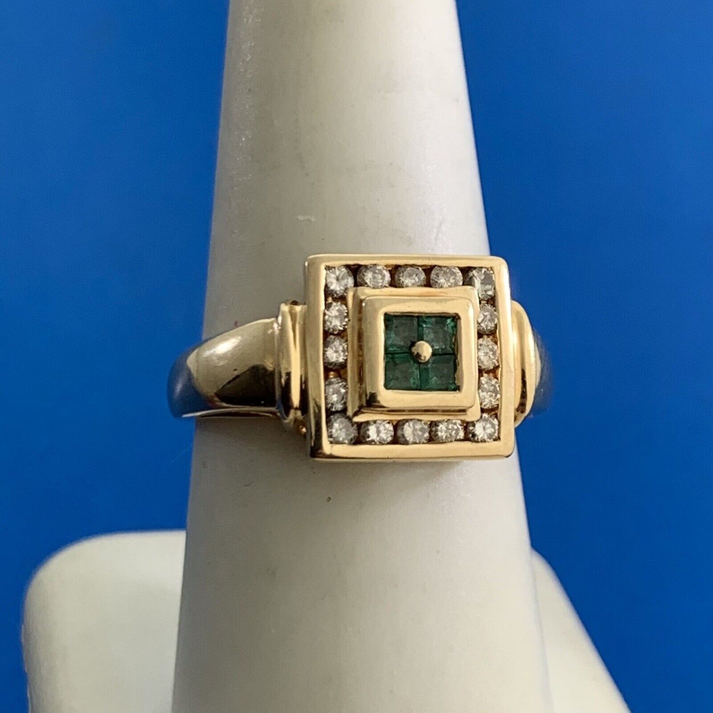 Designer 14K Yellow Gold Princess Quad Emerald Channel Set and Diamond Halo Ring