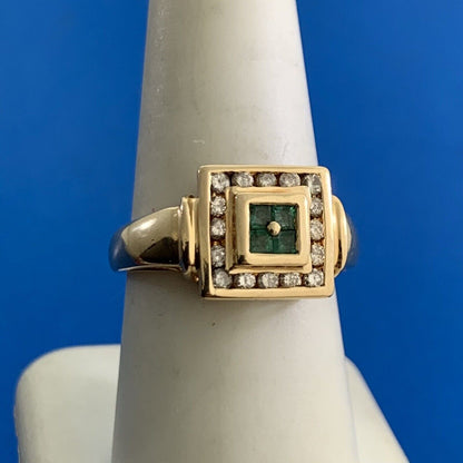 Designer 14K Yellow Gold Princess Quad Emerald Channel Set and Diamond Halo Ring