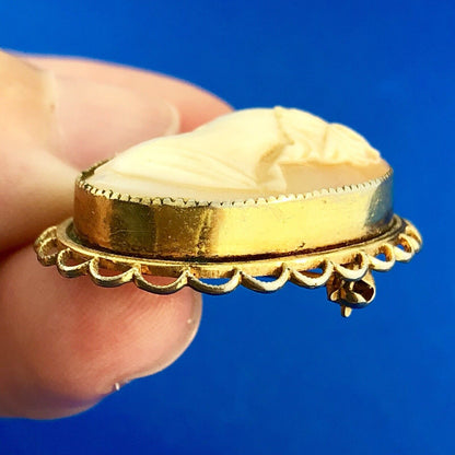 Vintage AMCO 14K Yellow Gold Filled Carved Shell Cameo Ornate Pin Brooch Pendant