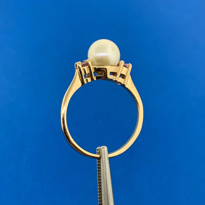 14K Yellow Gold Pearl Amethyst Accented June Birthstone Anniversary Ring