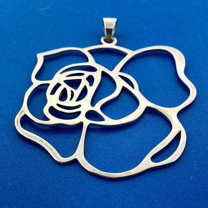 Estate FAS 925 Sterling Silver Rose Flower Bouquet Cut Out Statement Pendant