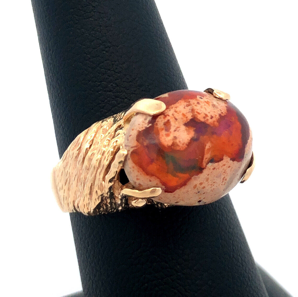 Designer Vintage 14K Yellow Gold Oval Mexican Opal Cabochon Statement Ring
