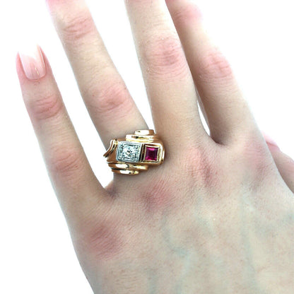 Art Deco 14K Yellow Gold Princess Ruby Round Diamond Statement Cocktail Ring